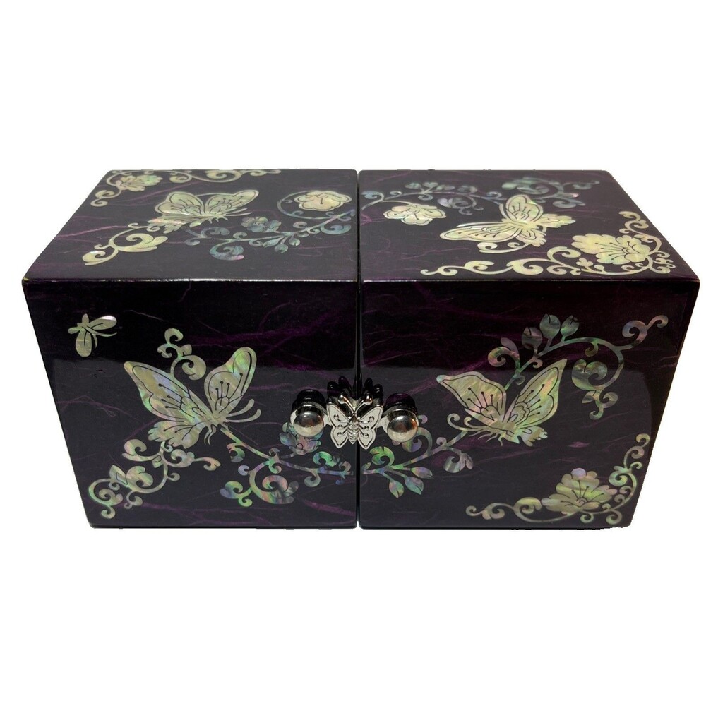VTG Mother of Pearl Inlay Purple Double Jewelry Trinket Box BUTTERFLY Foldout